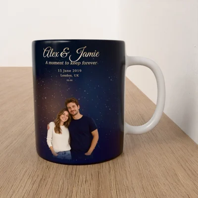 Photo mug with an example personalised OurStars design